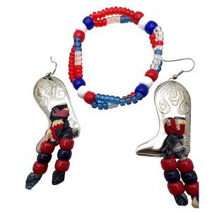 Handcrafted Cowboy Boot Earrings Jewelry Set with Red/White/Blue Beaded Bracelet